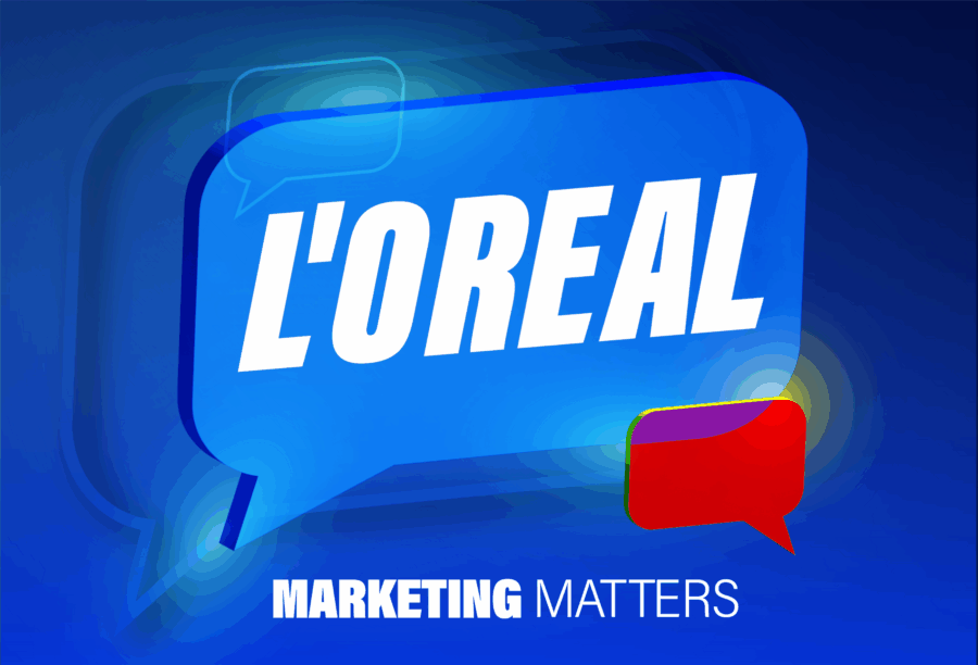 A blue speech bubble with the text "L'Oreal" in white. Below, the words "Marketing Matters" are displayed in white on a blue background.