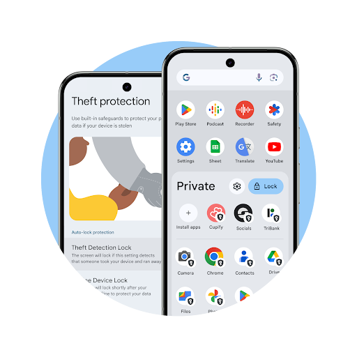 Two Pixel phones side by side, poking out of a blue circle—one displaying theft protection and one displaying private space