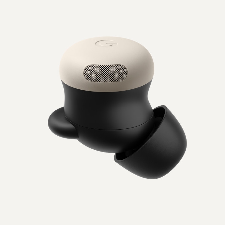 A side view of a single Pixel Buds Pro earbud in the color Porcelain, set against an off white background.