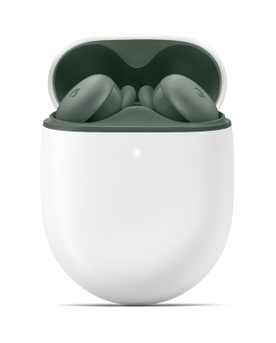 A pair of Pixel Buds A-Series in the color Olive, resting in an open charging case