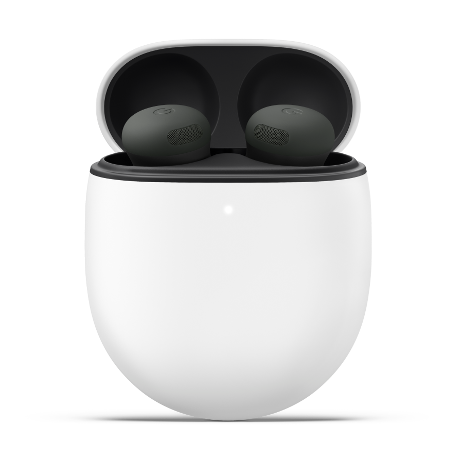 A pair of Pixel Buds Pro 2 earbuds in the color Hazel, resting in an open charging case