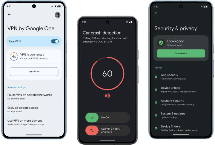 Five Pixel 8 Pro devices all displaying different safety and security features.