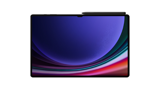 Imagen de una tablet de la serie Samsung Tab S9 con un fondo de pantalla abstracto de color azul oscuro, que se muestra en pantalla junto con su precio para comprarla ahora.