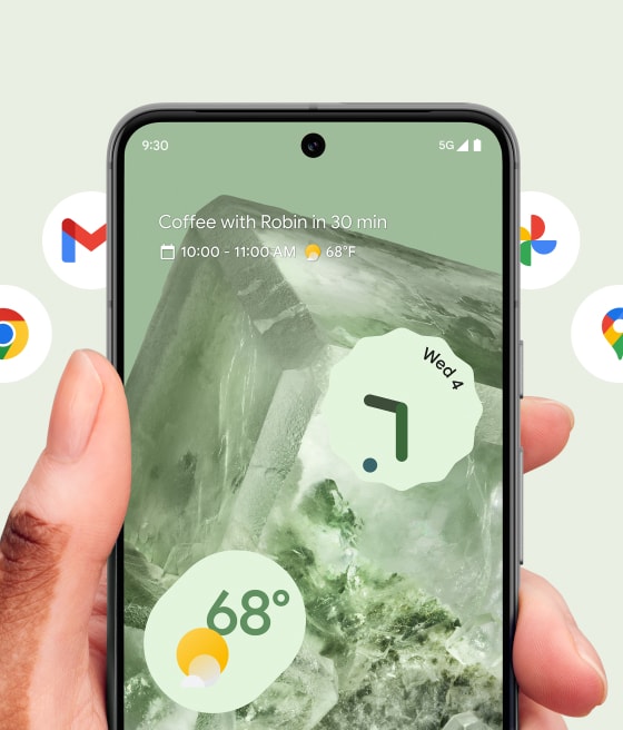 Google app icons circle a Pixel 8 Pro.