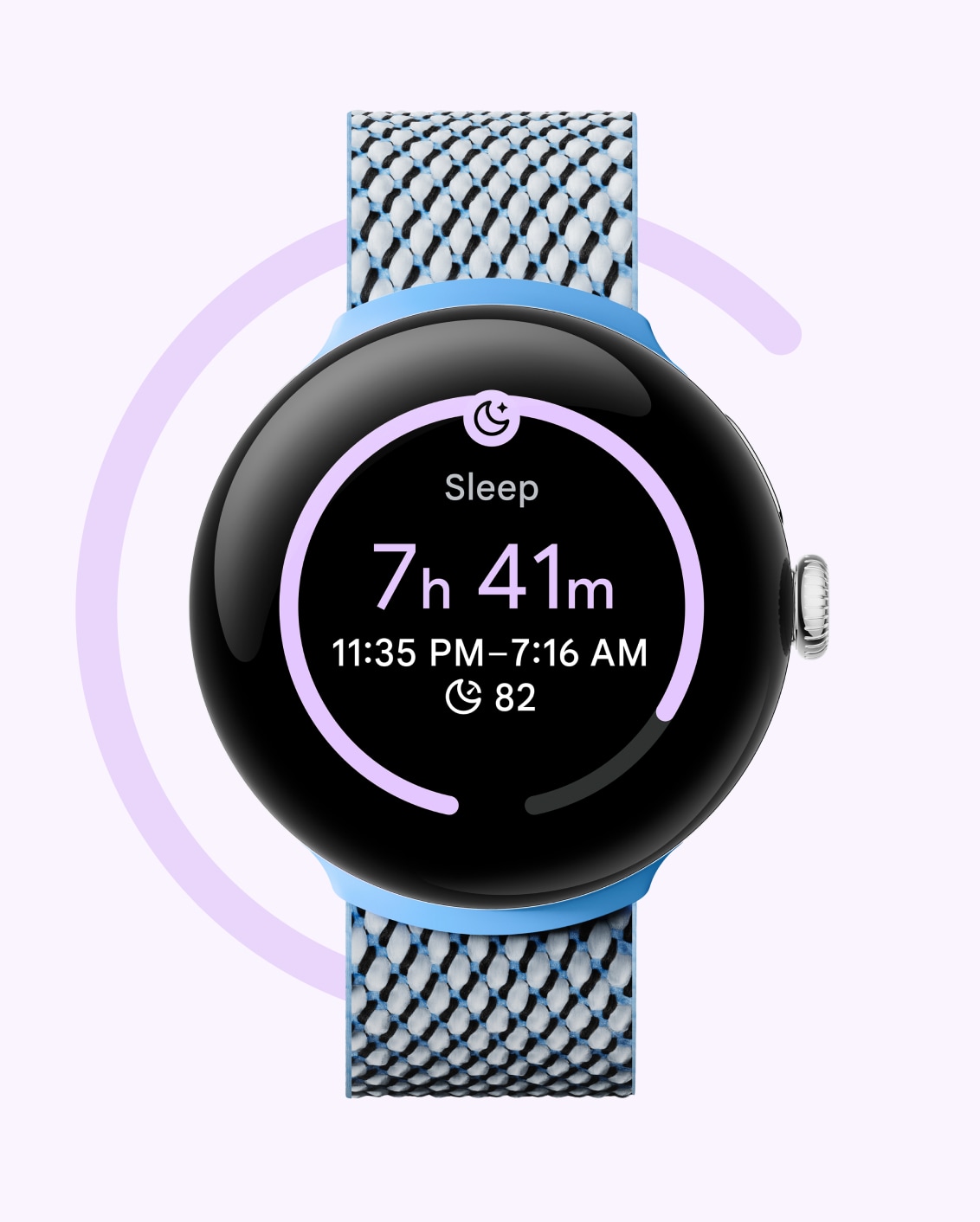 Google Pixel Watch 2 displaying the wearer's sleep stats. The screen shows the wearer was asleep for seven hours and 41 minutes.
