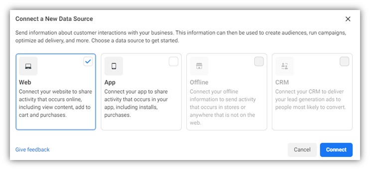 facebook ads reporting - pixel data sources example