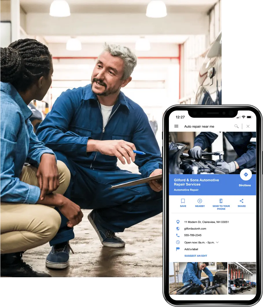 local-business-listing-management-tool-features Smartphone showing local mechanic business listing