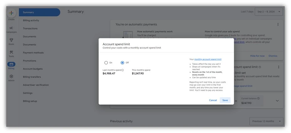 google ads spend - account monthly spend limit