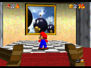 Animated screenshot of Mario jumping into the painting for Bob-omb Battlefield