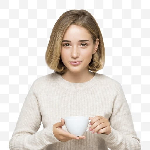an image of a blonde woman holding a cup in a transparent background