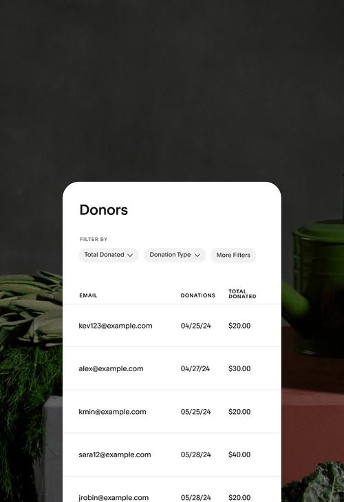 Donor list showing contributor emails, donation dates, and total amounts donated, with filter options for total donated and donation type.