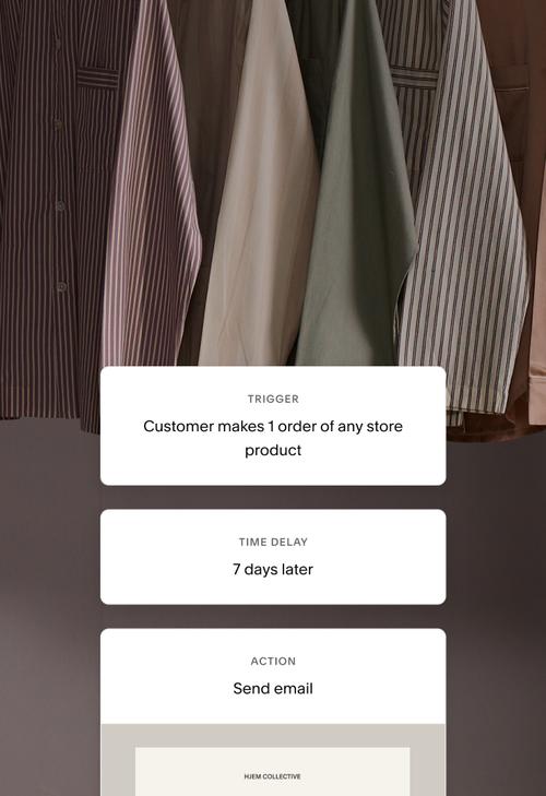 Un esempio di flusso di automazioni per il percorso di un abbonato alle e-mail. Il trigger del flusso è "Il cliente effettua 1 ordine acquistando qualsiasi prodotto del negozio". Il ritardo è di "7 giorni dopo". E l'azione è "Invia e-mail" con l'immagine della newsletter.