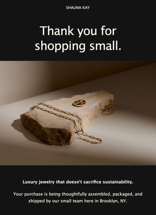 Un modello di e-mail per una piccola azienda di gioielleria che dice "Grazie per aver acquistato da una piccola attività."