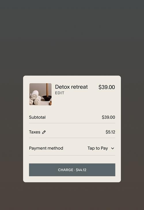 Checkout summary for a $39.00 Detox Retreat showing subtotal, taxes, and payment method Tap to Pay.