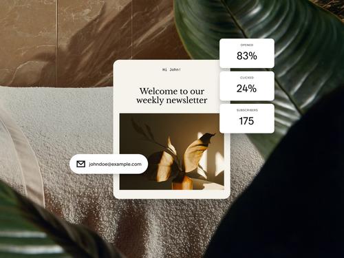 Le design d’une newsletter par e-mail présentant les statistiques d’une campagne e-mail, dont 83 % d’ouverture, 24 % de clics et 175 abonnés.