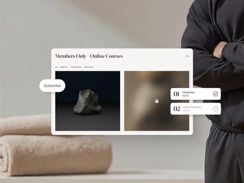Une interface « Cours en ligne réservés aux membres » montrant une mosaïque d’images et une liste de leçons, indiquant une fonction d’adhésion payante ou restreinte avec un bouton « S’abonner ».