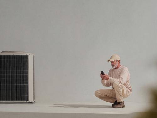An older HVAC technician in tan work clothes crouches next to a large outdoor air conditioning unit, looking at his smartphone.