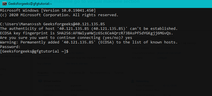 SSh of virtual machine at azure