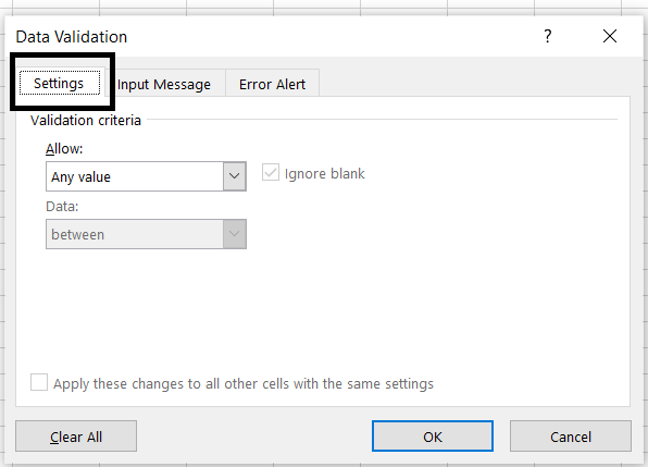 Setting Tab in Data Validation.