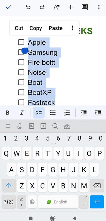 Checkboxes in Google Docs