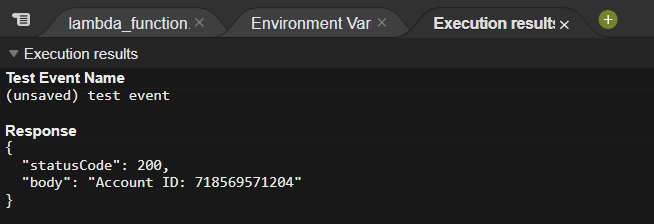 Code output after executing lambda function to fetch account id using sdk