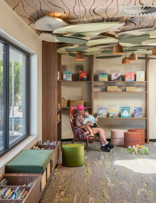 Interface Stipplied Hues plank carpet tile in community library