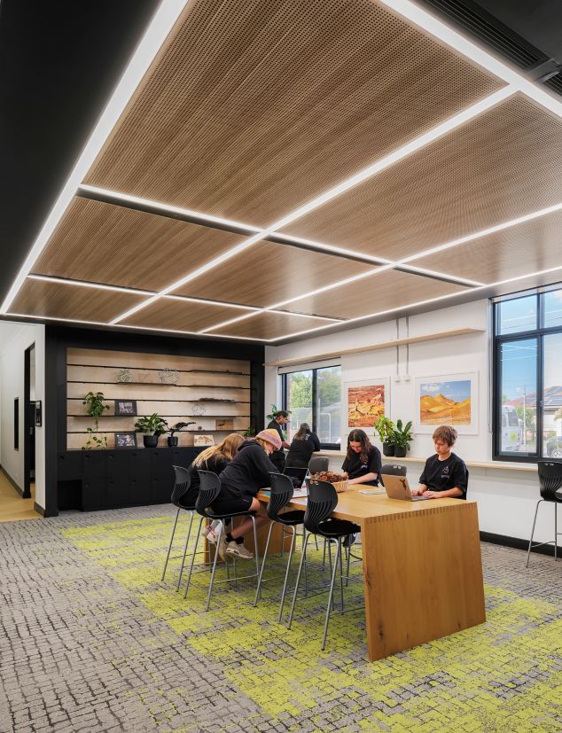 Interface Moss, Moss in Stone, Sett in Stone and Kerbstone carpet tile in collaborative space