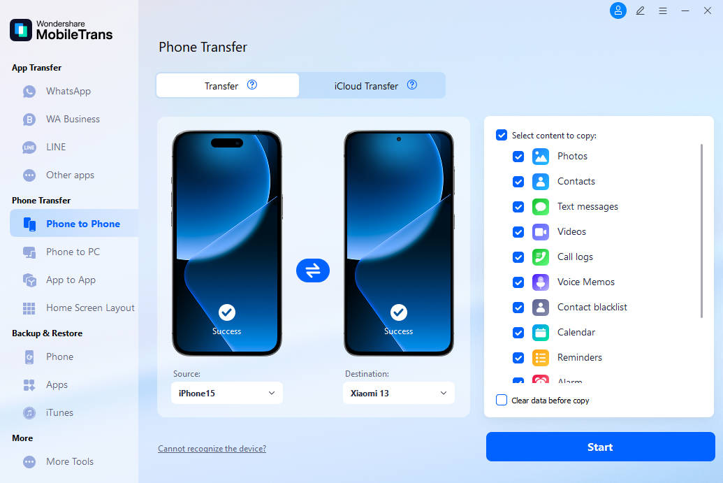 Transferir dados de celular MobileTrans