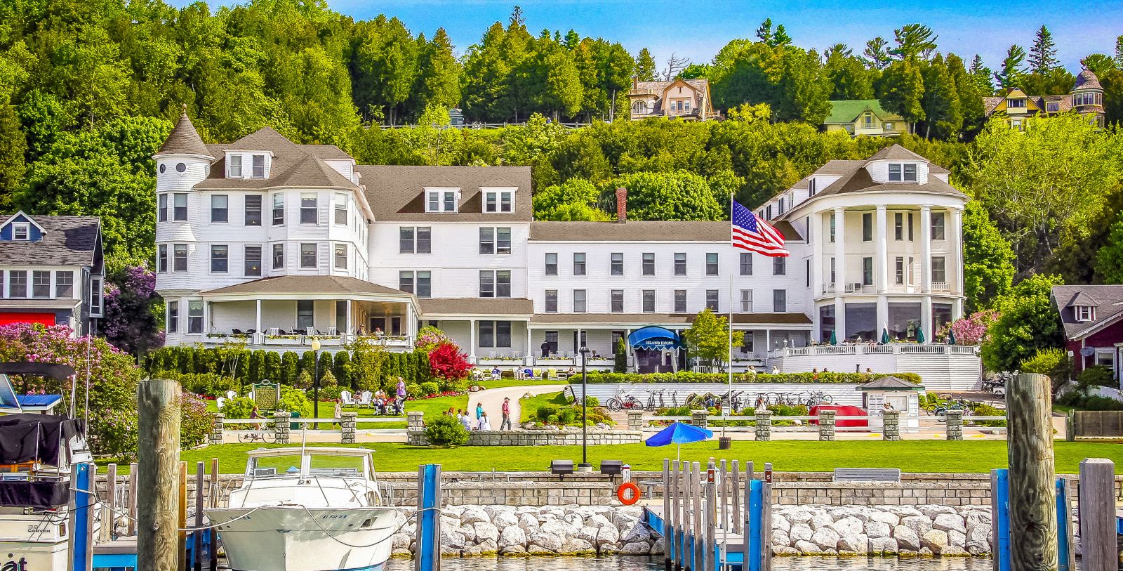 Image of Exterior and Marina, Island House Hotel in Mackinac Island, Michigan, 1852Member of Historic Hotels of America, Special Offers, Discounted Rates, Families, Romantic Escape, Honeymoons, Anniversaries, Reunions