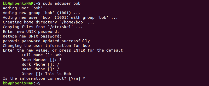 sudo adduser terminal output