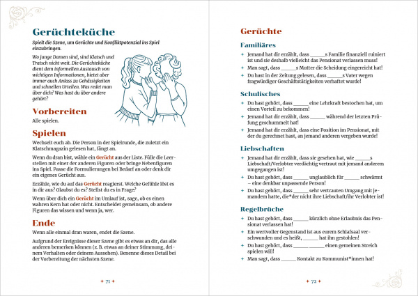 Frl. Bernburgs Pensionat für junge Damen, Szene Gerüchteküche Doppelseite mit den ersten zwei Seiten der Szene "Gerüchteküche" aus "Fräulein Bernburgs Pensionat für junge Damen". Man sieht die Erklärung der Szene, eine Zeichnung von zwei jungen Damen, von denen eine der anderen etwas zuflüstert, und einen Teil der Auswahloptionen.