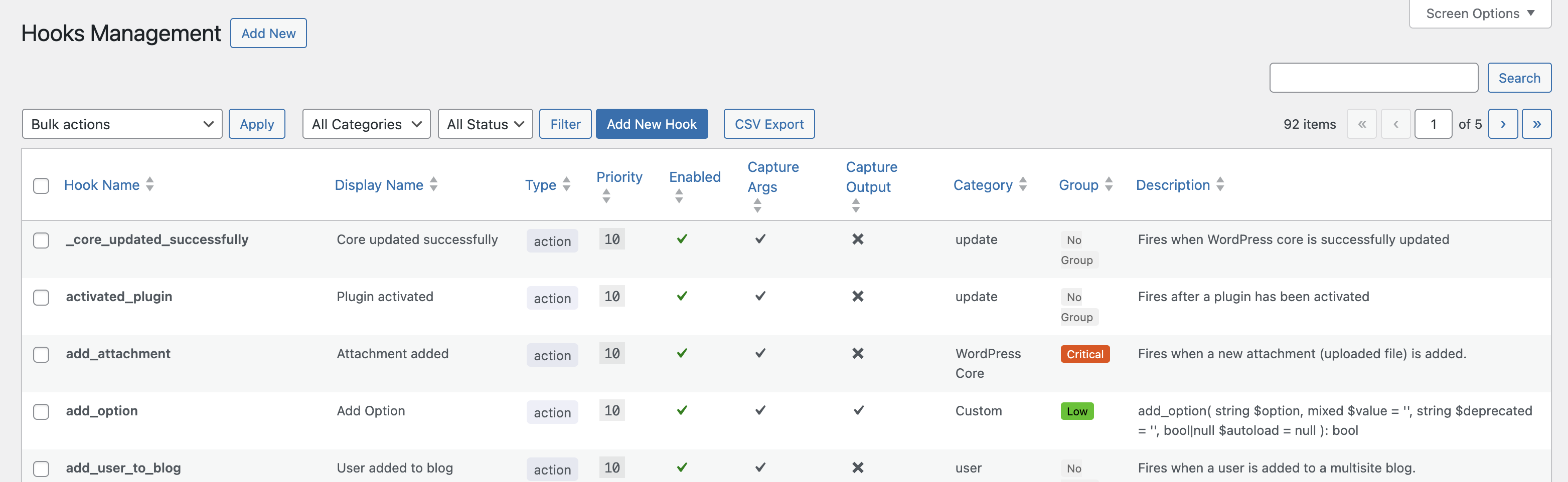 Hooks Management — configure which hooks to monitor: enable/disable capture, set priority, filter by category, and add custom hook definitions.