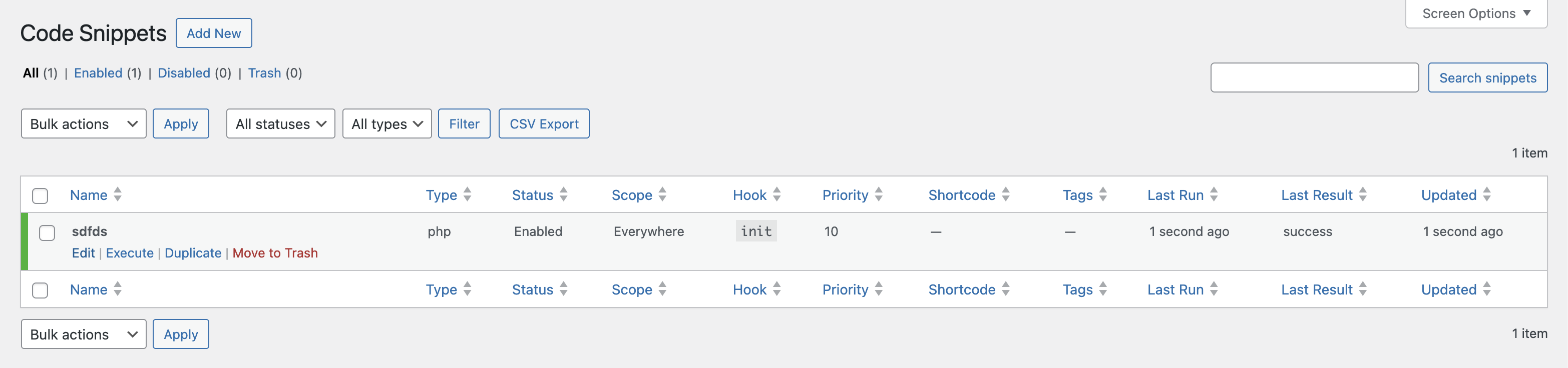 Code Snippets — create, enable, disable, and delete custom PHP snippets that execute on the site, with syntax highlighting and run-on selection.
