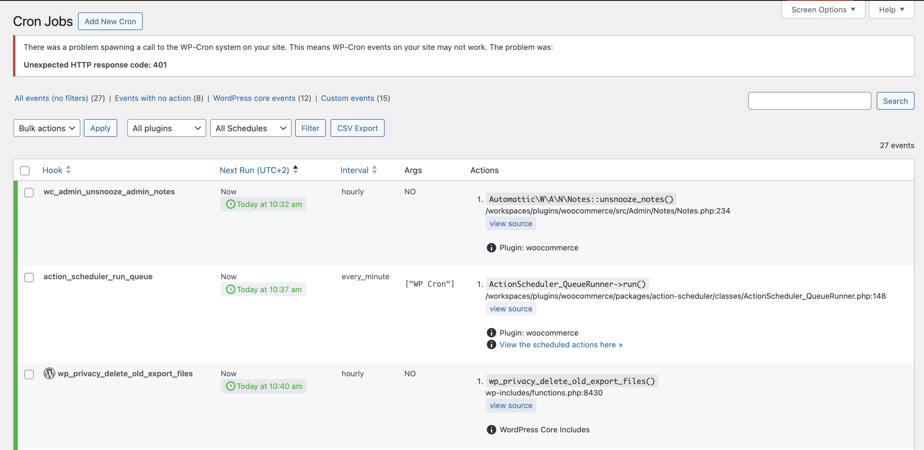 Cron Job Manager — complete view of all WordPress scheduled events with next-run time, recurrence, arguments, and inline run/delete actions.