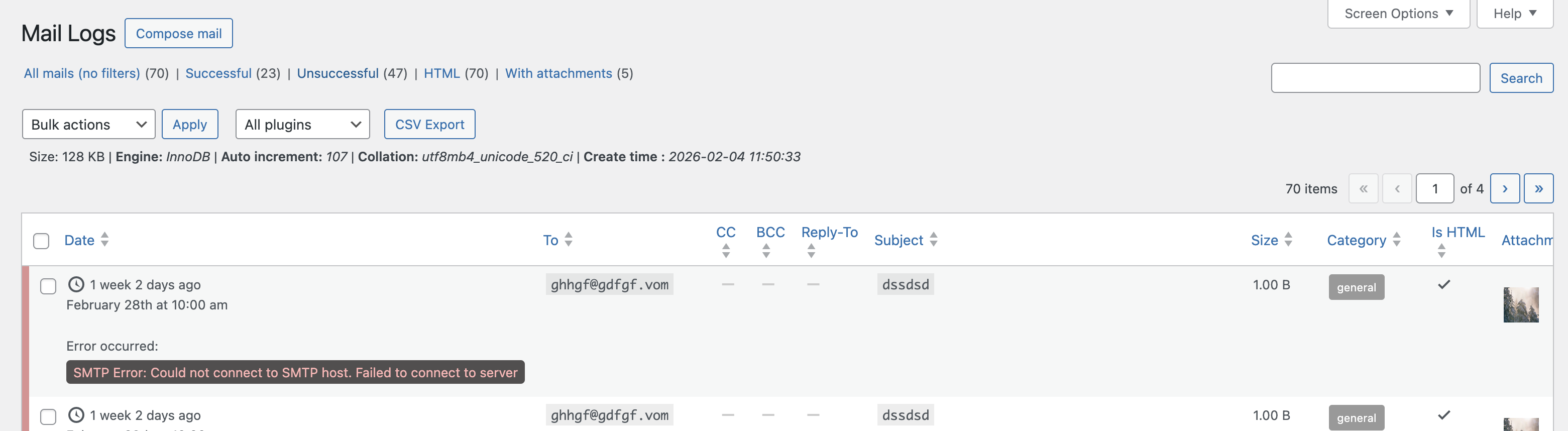 Mail Log Viewer — log of every email sent by WordPress with to/from, subject, size, HTML/text toggle, attachment flag, and success/fail status.