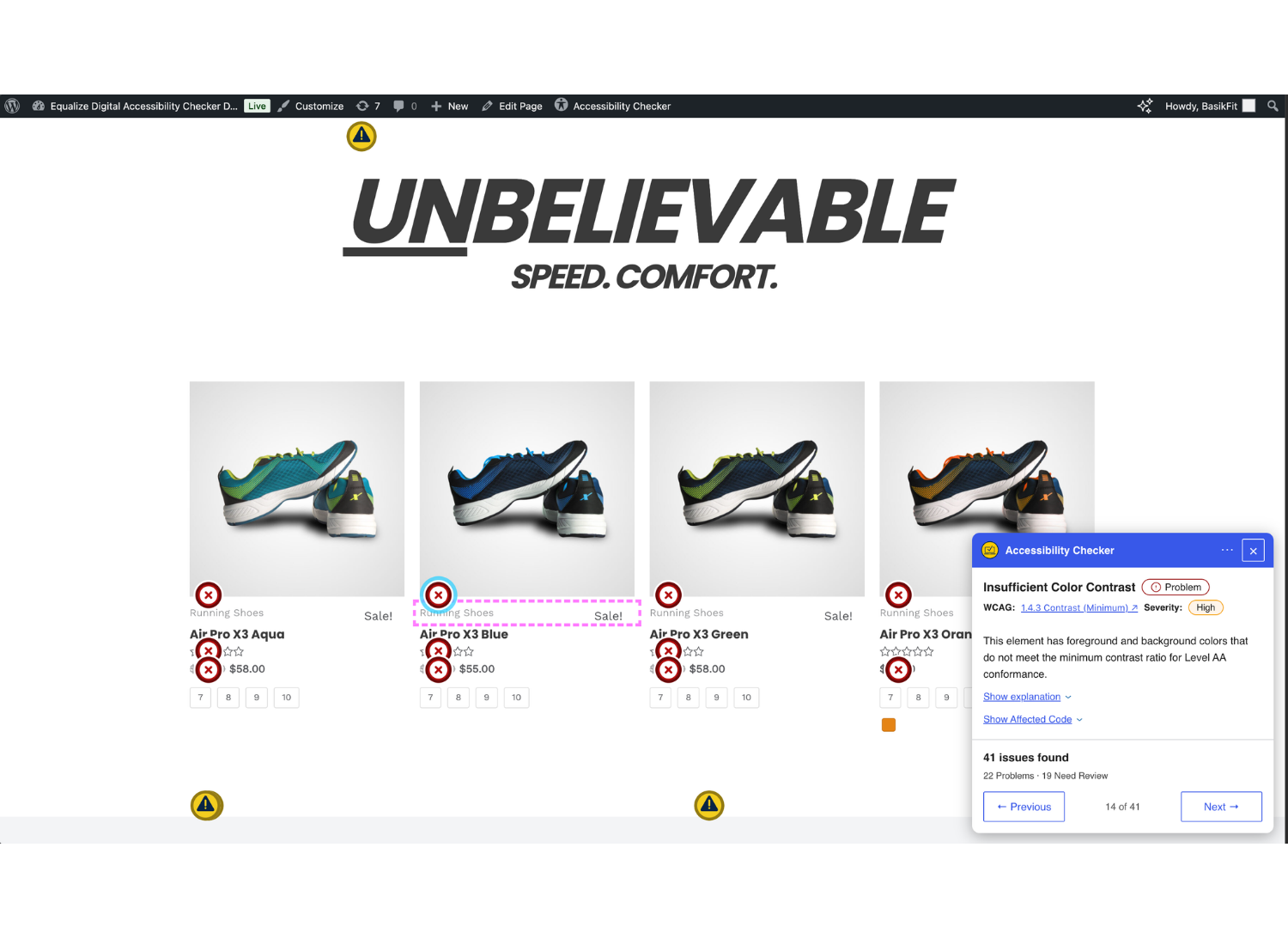 Accessibility problems can be viewed on the front end of the website, with a dashed pink outline around the element and an explanation of the issue and how to fix it in an Accessibility Checker dialog.
