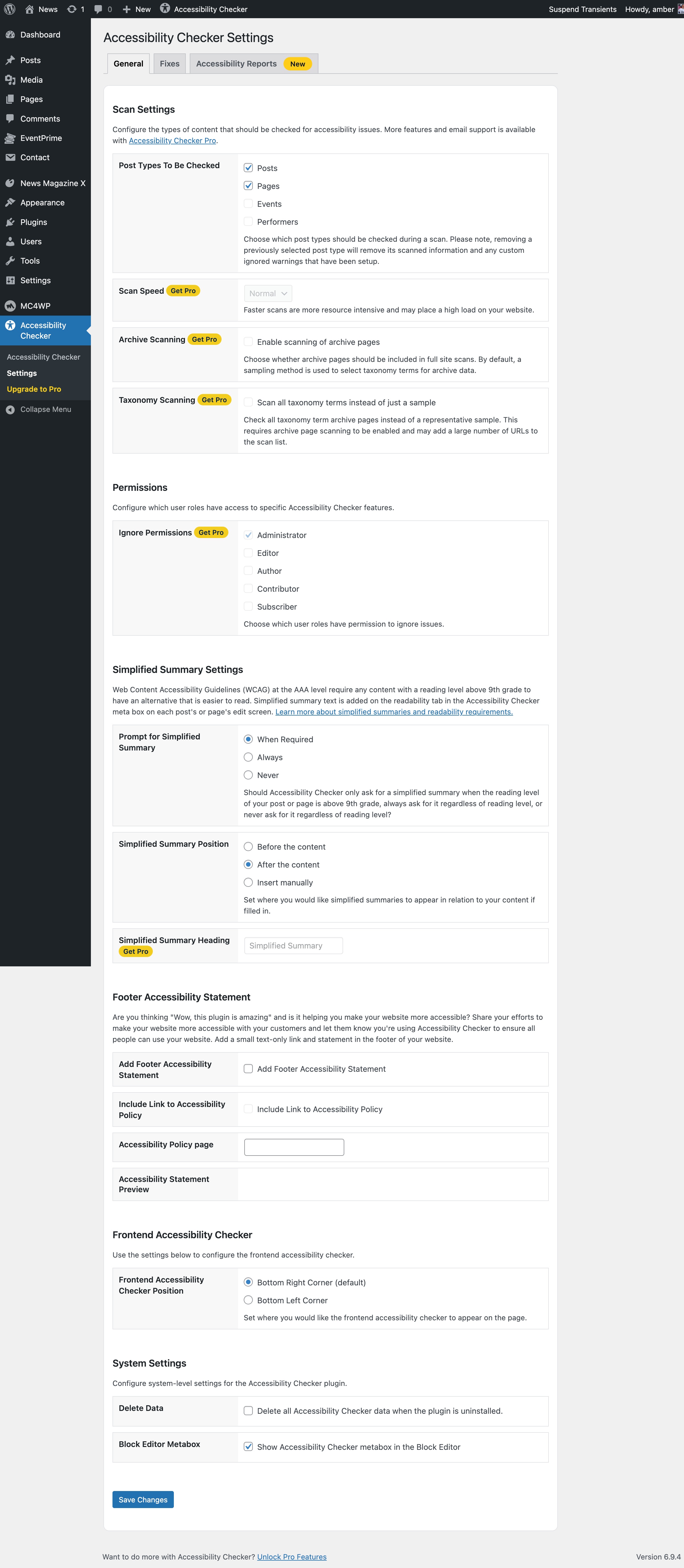 Accessibility Checker general settings: post types to be checked, simplified summary settings, footer accessibility statement settings, and data deletion.