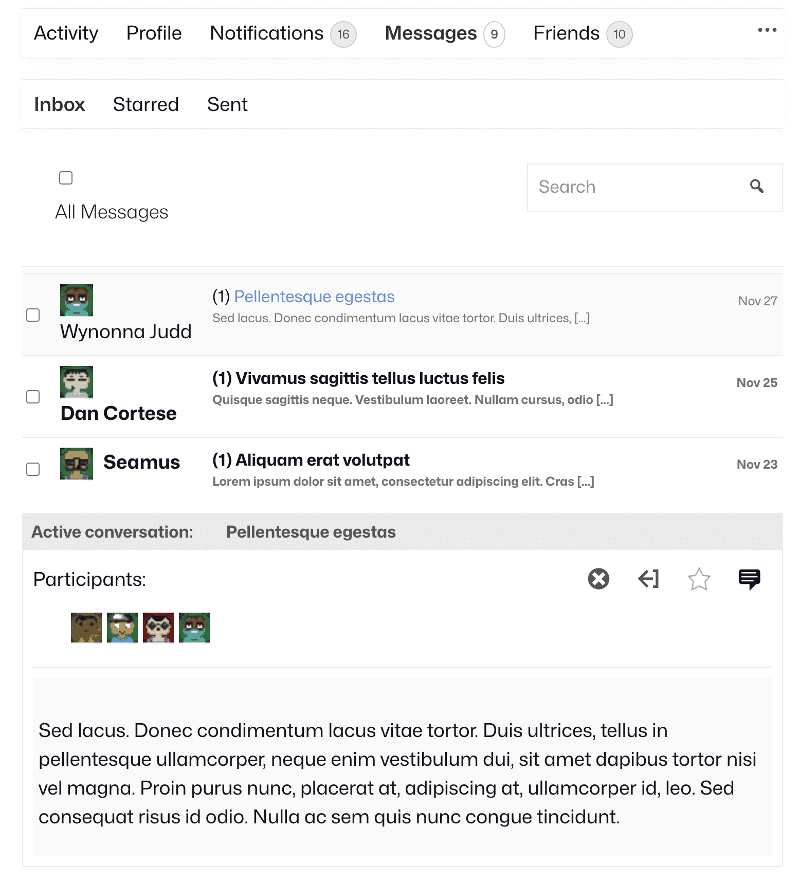 List of messages between generated users.