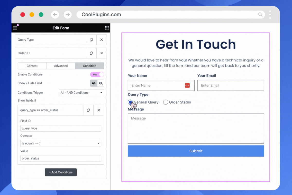 Conditionally show or hide Elementor form fields with conditional logic.