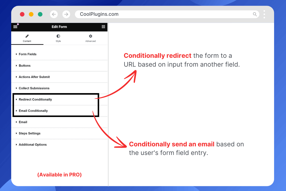 Redirect Elementor forms or send emails conditionally after submission.