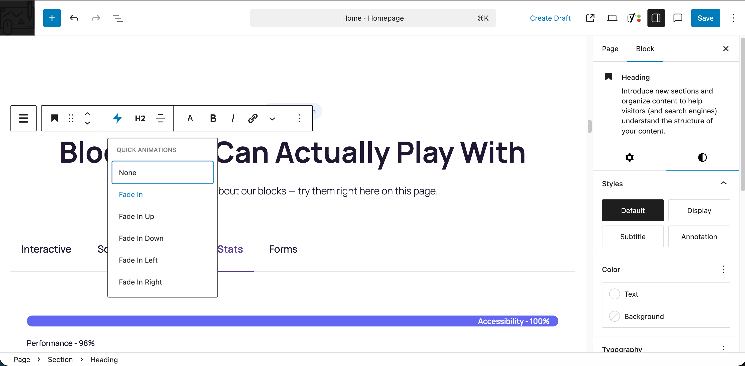 Progress Bar block with animated fills and multiple display styles