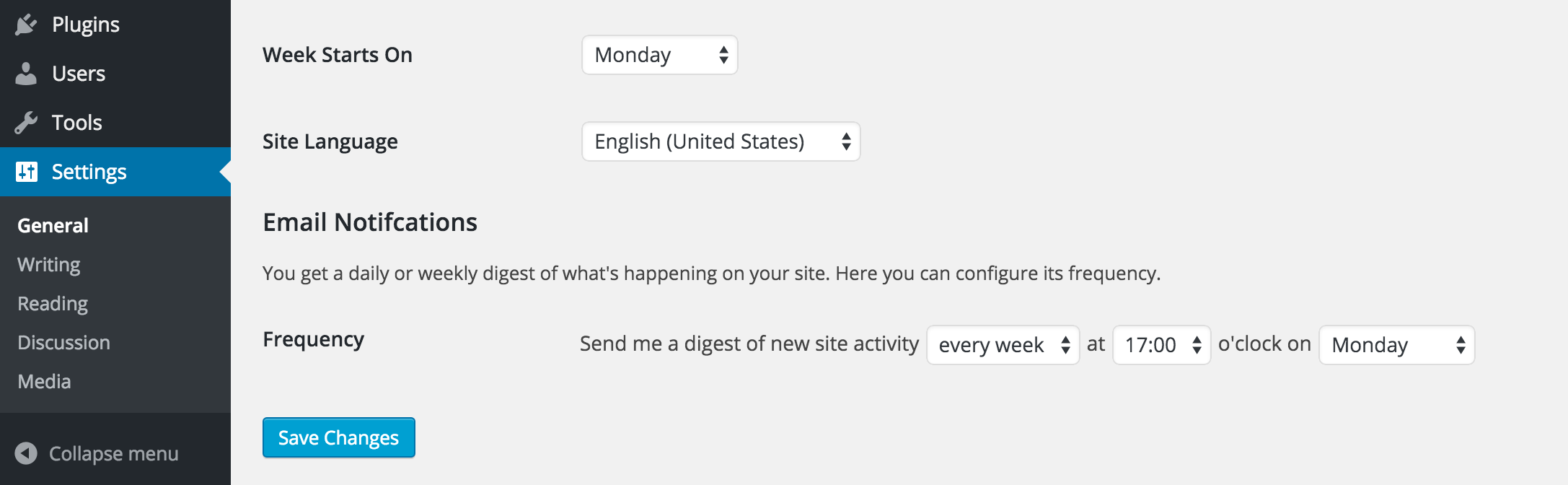 The plugin settings under 'Settings' -> 'General'.
