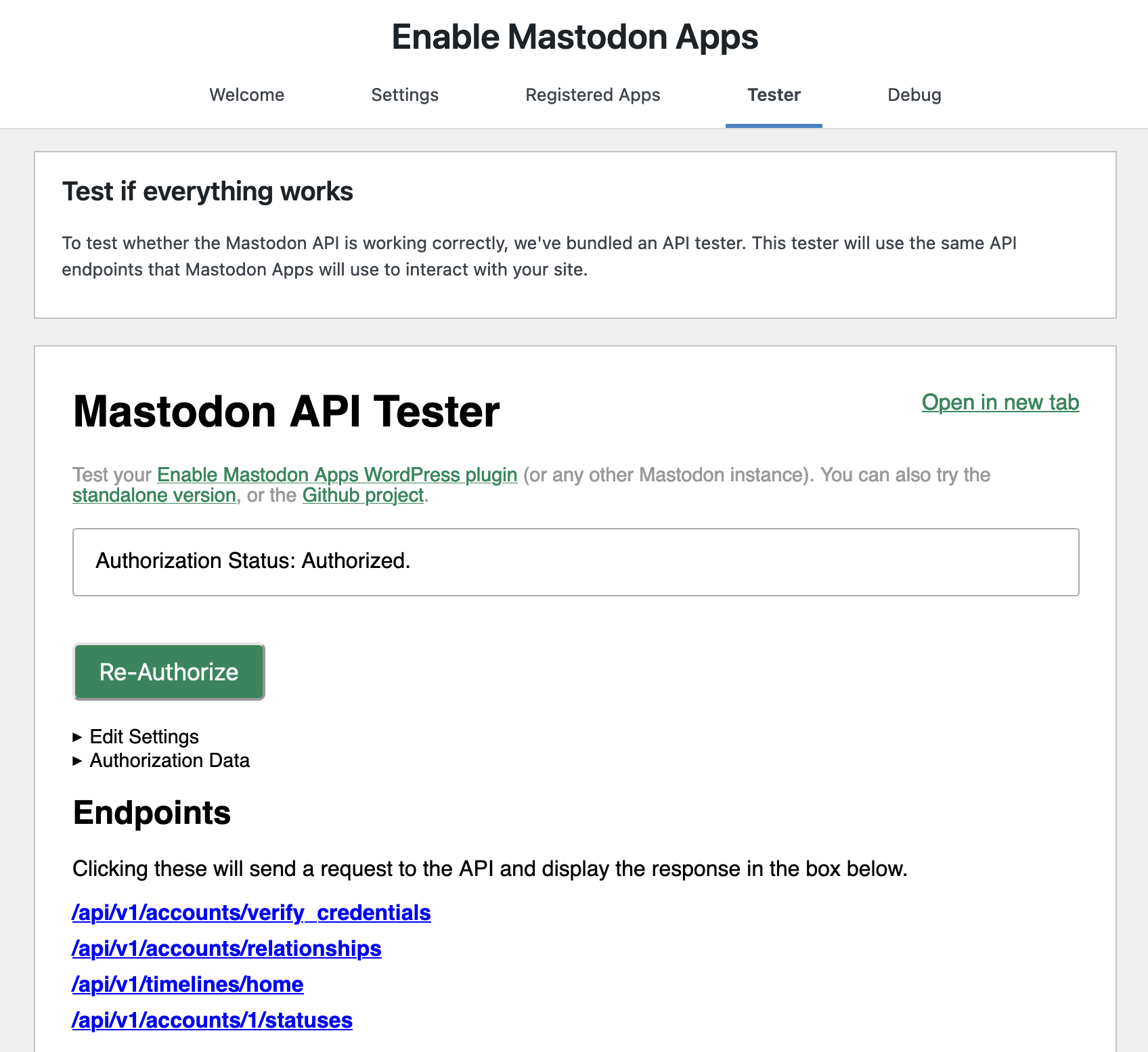 The Mastodon Apps settings page.