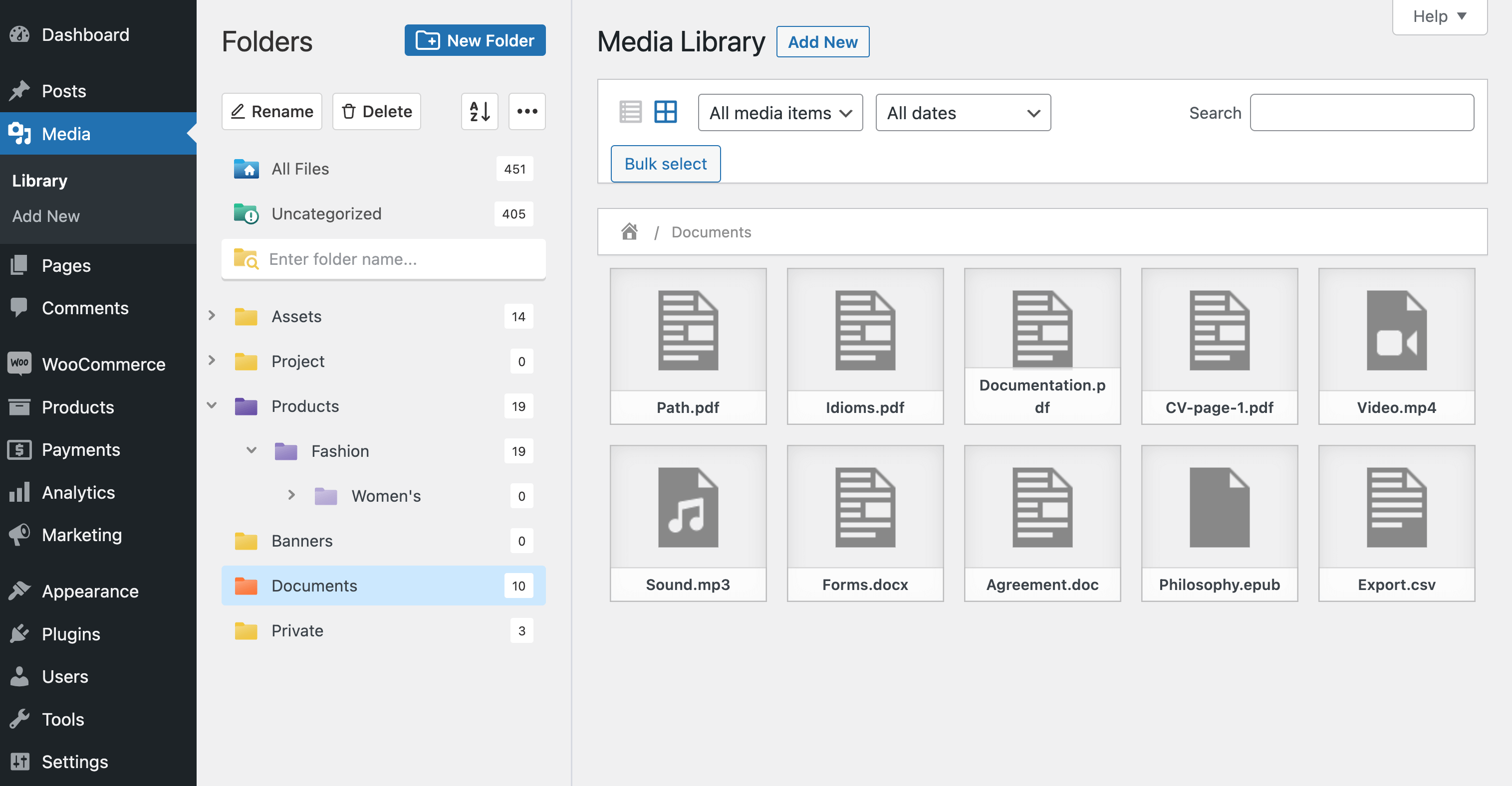 WordPress media library folders and Documents category