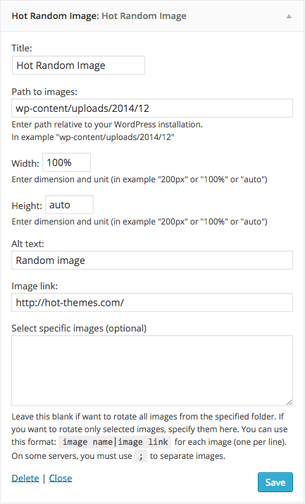 Screen shot of the Hot Random Image widget parameters.