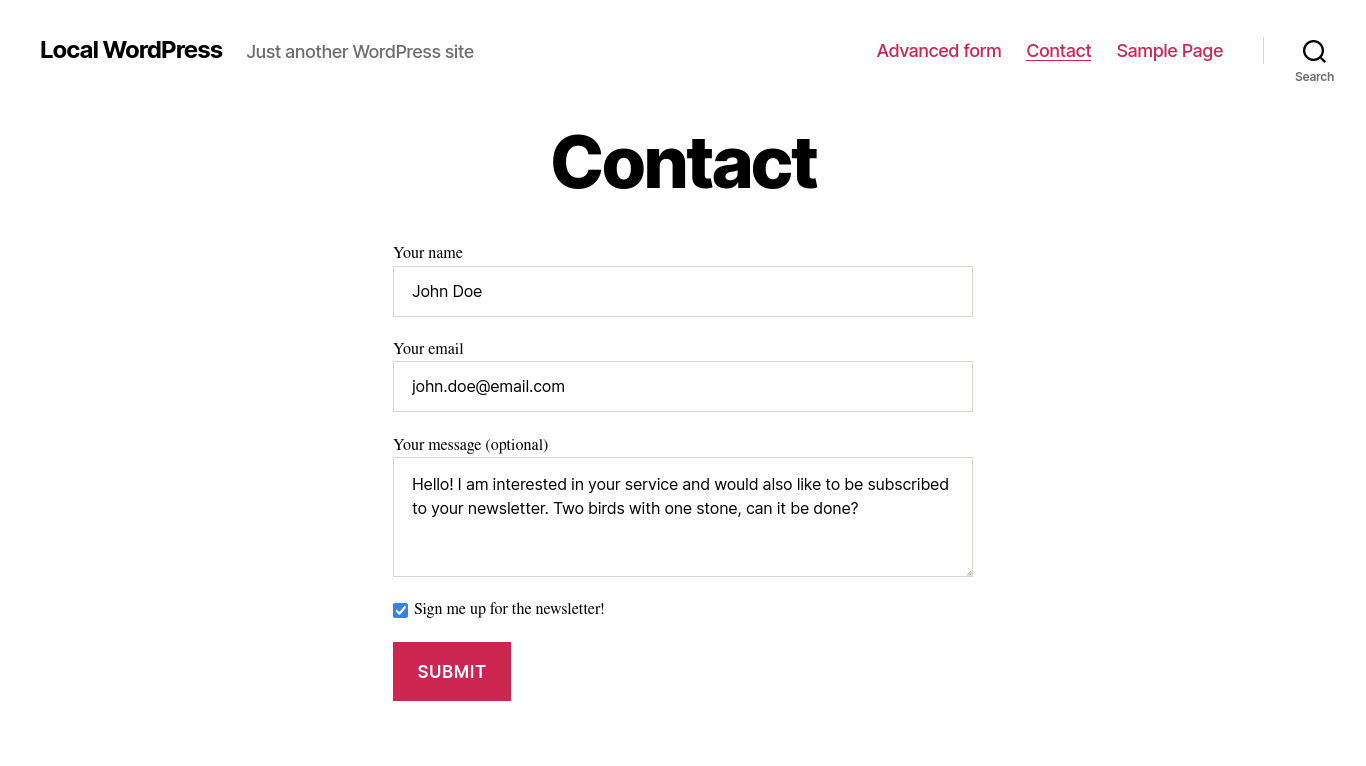 Example sign-up integration with a contact form.