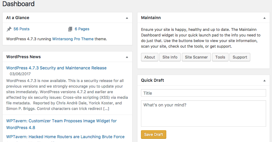 The handy dashboard widget gives you quick access to all of the Maintainn Tools.
