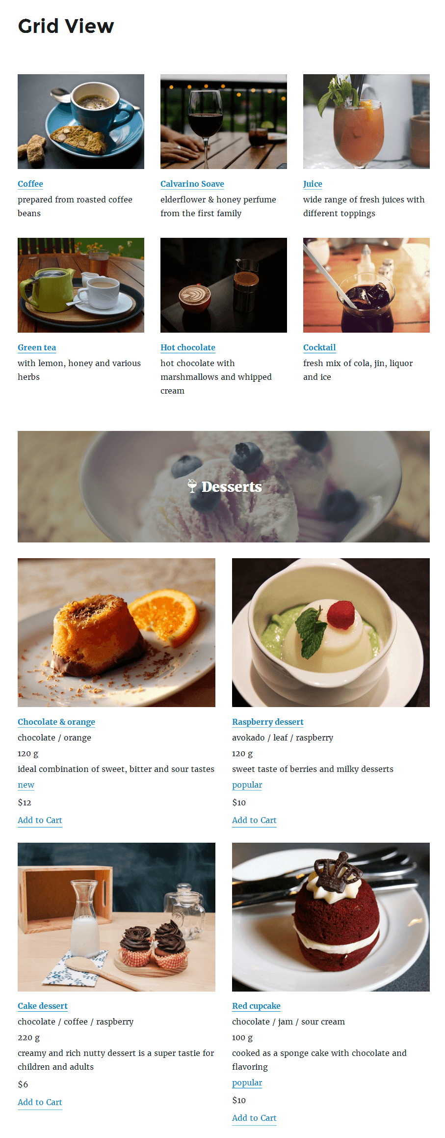 Grid view of Menu Items