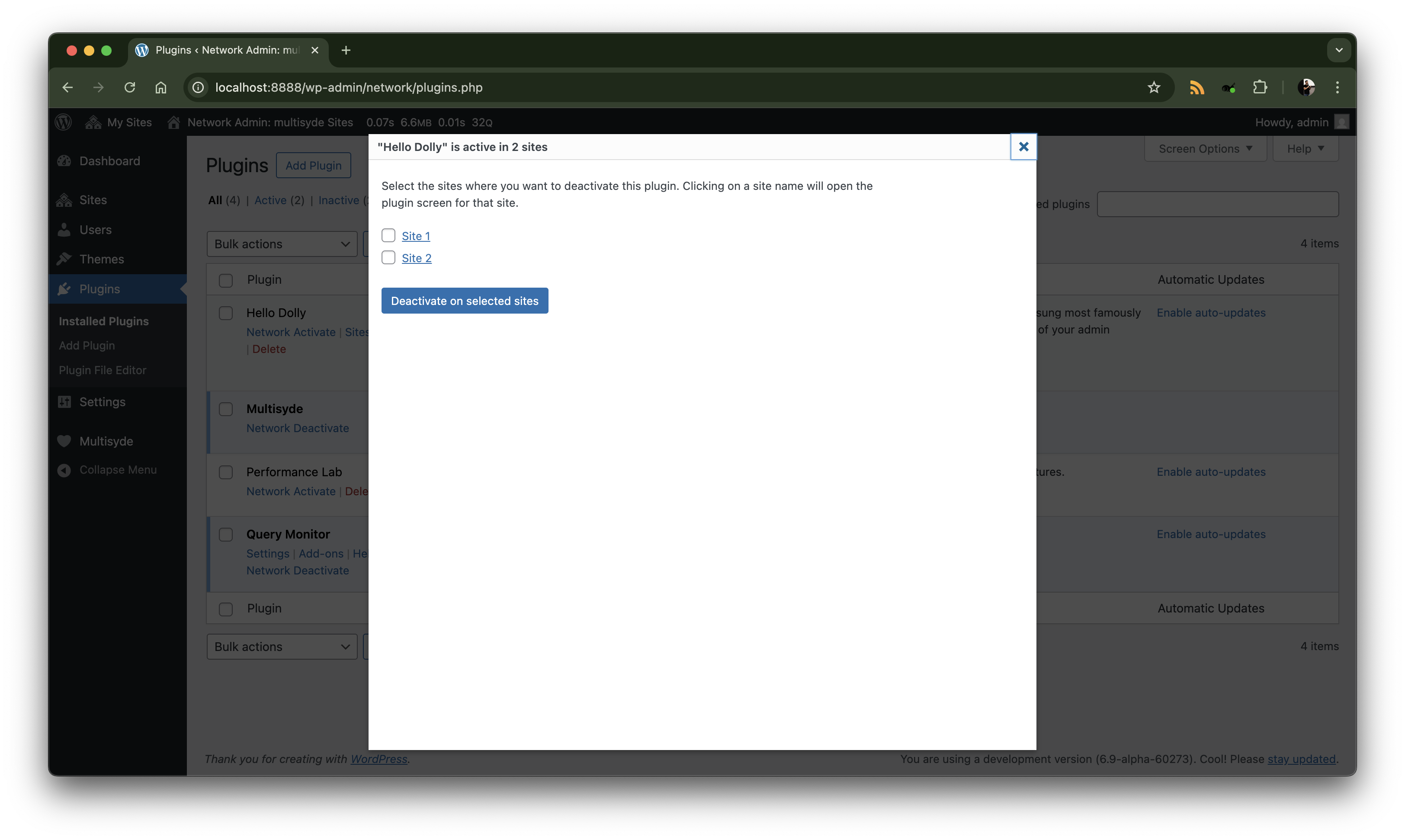 Site Active Plugins management with bulk deactivation modal