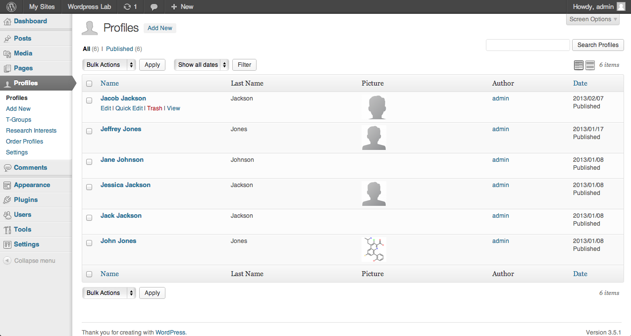 Listing profiles in the dashboard